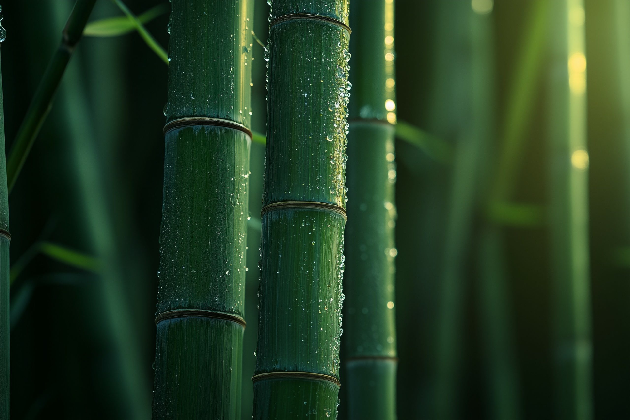 Bamboo Forest, green bamboo shoots in the middle of dense vertical rows, fresh and natural colors